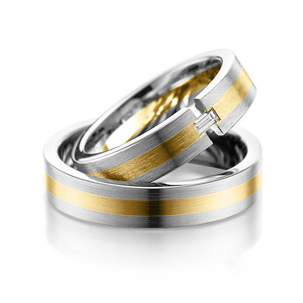 Set Bicolor trouwringen in dark grey gold 14 kt. geelgoud 14 kt. met in totaal 0,05 ct. Baguette-Diamant tw,vs van Eternal Touch