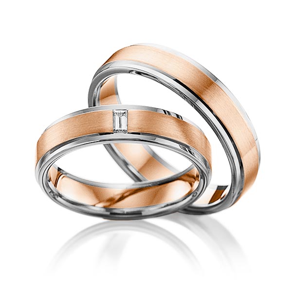 Set Bicolor trouwringen in dark grey gold 14 kt. roodgoud 14 kt. met in totaal 0,06 ct. Baguette-Diamant tw,vs van Eternal Touch - Y-1107-10 Set Bicolor trouwringen in dark grey gold 14 kt. roodgoud 14 kt. met in totaal 0,06 ct. Baguette-Diamant tw,vs van Eternal Touch - Y-1107-10