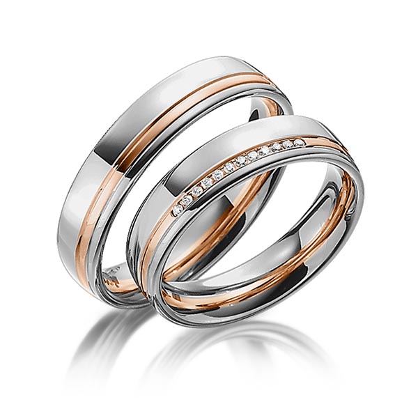 Set Bicolor trouwringen in dark grey gold 14 kt. roodgoud 14 kt. met in totaal 0,06 ct. Briljant tw/si van Steinberg