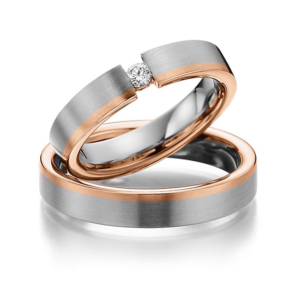 Set Bicolor trouwringen in dark grey gold 14 kt. roodgoud 14 kt. met in totaal 0,1 ct. Briljant tw/si van Eternal Touch