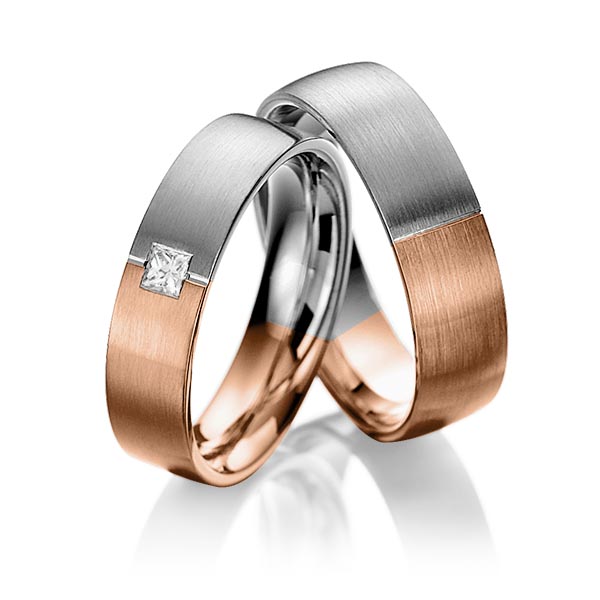 Set Bicolor trouwringen in dark grey gold 14 kt. roodgoud 14 kt. met in totaal 0,1 ct. Princess-Diamant tw,vs van Eternal Touch