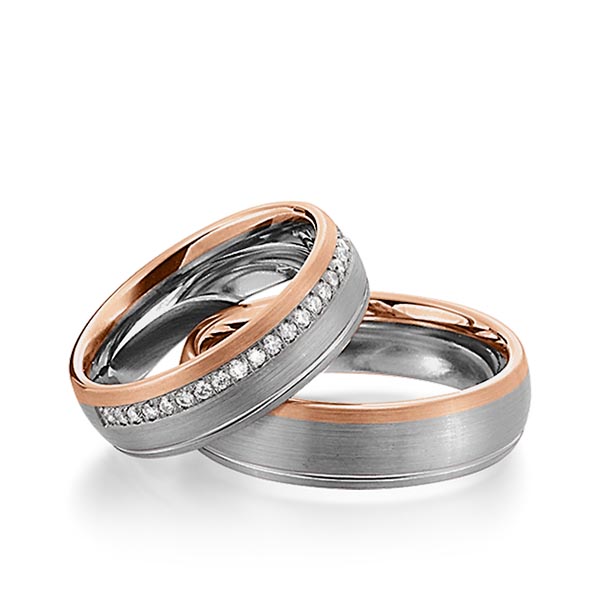 Set Bicolor trouwringen in dark grey gold 14 kt. roodgoud 14 kt. met in totaal 0,23 ct. Briljant tw/si van Steinberg