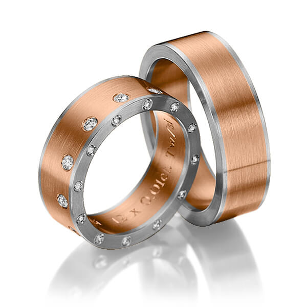 Set Bicolor trouwringen in dark grey gold 14 kt. roodgoud 14 kt. met in totaal 0,48 ct. Briljant tw/si van Steinberg