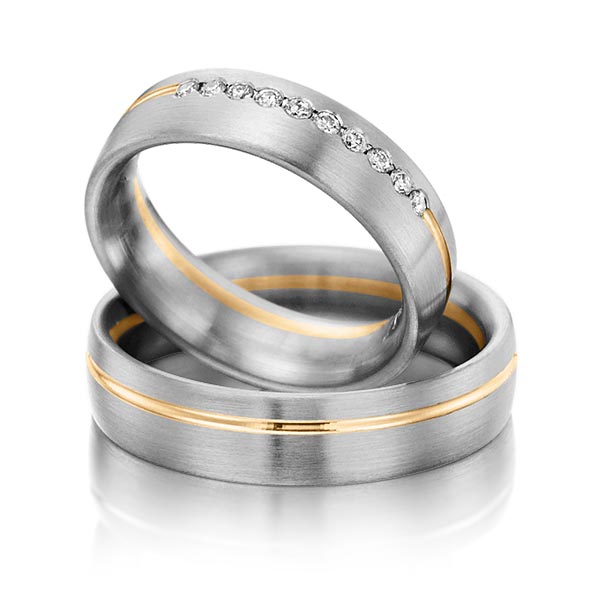 Set Bicolor trouwringen in dark grey gold 14 kt. roségoud 14 kt. met in totaal 0,15 ct. Briljant tw/si van Steinberg - Q-1202-17 Set Bicolor trouwringen in dark grey gold 14 kt. roségoud 14 kt. met in totaal 0,15 ct. Briljant tw/si van Steinberg - Q-1202-17