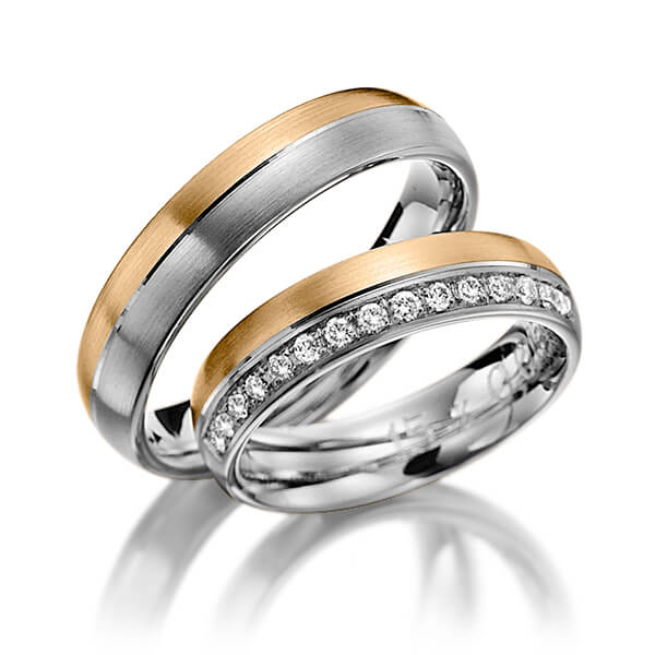 Set Bicolor trouwringen in dark grey gold 14 kt. roségoud 14 kt. met in totaal 0,225 ct. Briljant tw/si van Steinberg - Q-1200-9 Set Bicolor trouwringen in dark grey gold 14 kt. roségoud 14 kt. met in totaal 0,225 ct. Briljant tw/si van Steinberg - Q-1200-9