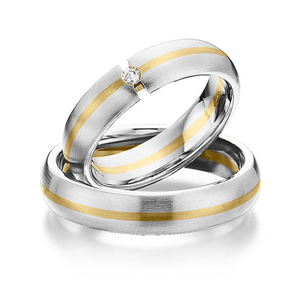 Set Bicolor trouwringen in edelstaal geelgoud 14 kt. met in totaal 0,03 ct. Briljant tw/si van Eternal Touch