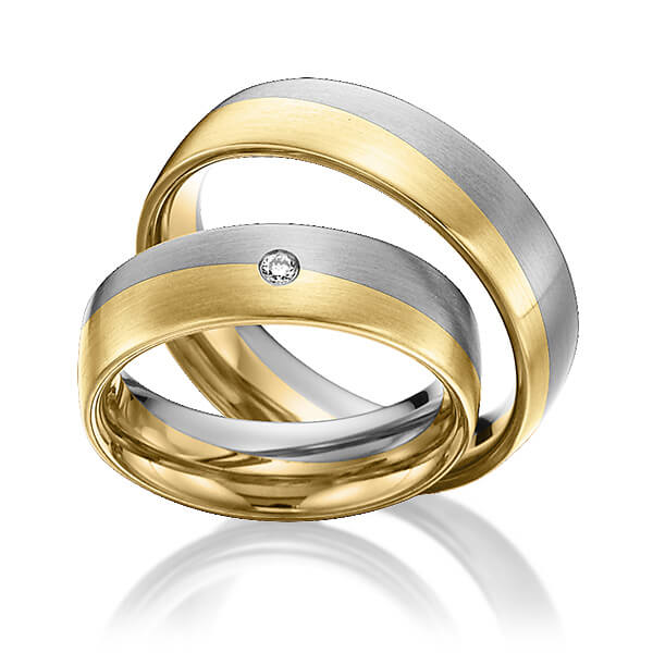 Set Bicolor trouwringen in edelstaal geelgoud 14 kt. met in totaal 0,03 ct. Briljant tw/si van Eternal Touch