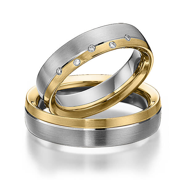 Set Bicolor trouwringen in edelstaal geelgoud 14 kt. met in totaal 0,04 ct. Briljant tw/si van Eternal Touch
