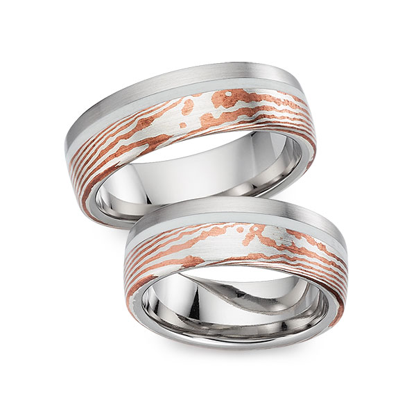 Set Bicolor trouwringen in edelstaal Mokume Gane silver 925 copper - UQ-1141-1
