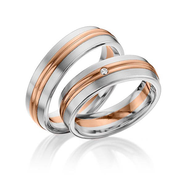 Set Bicolor trouwringen in edelstaal roodgoud 14 kt. met in totaal 0,025 ct. Briljant tw/si van Eternal Touch