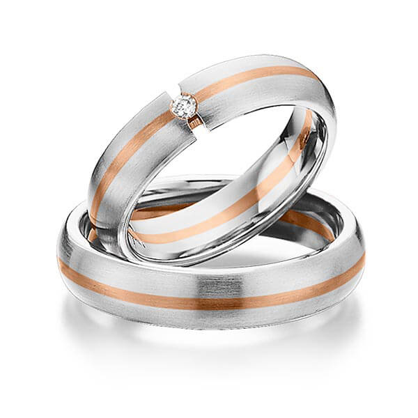 Set Bicolor trouwringen in edelstaal roodgoud 14 kt. met in totaal 0,03 ct. Briljant tw/si van Eternal Touch