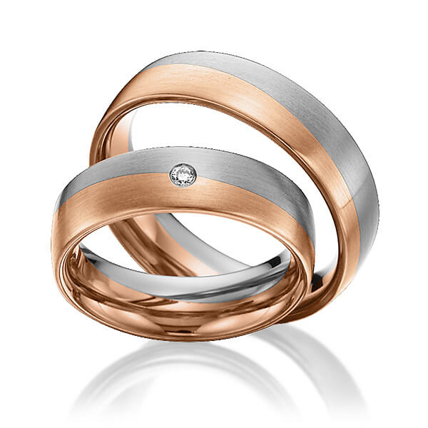 Set Bicolor trouwringen in edelstaal roodgoud 14 kt. met in totaal 0,03 ct. Briljant tw/si van Eternal Touch