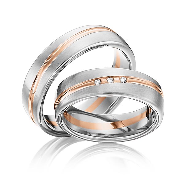 Set Bicolor trouwringen in edelstaal roodgoud 14 kt. met in totaal 0,03 ct. Briljant tw/si van Eternal Touch
