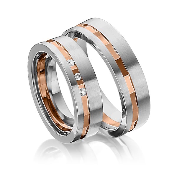 Set Bicolor trouwringen in edelstaal roodgoud 14 kt. met in totaal 0,045 ct. Briljant tw/si van Eternal Touch