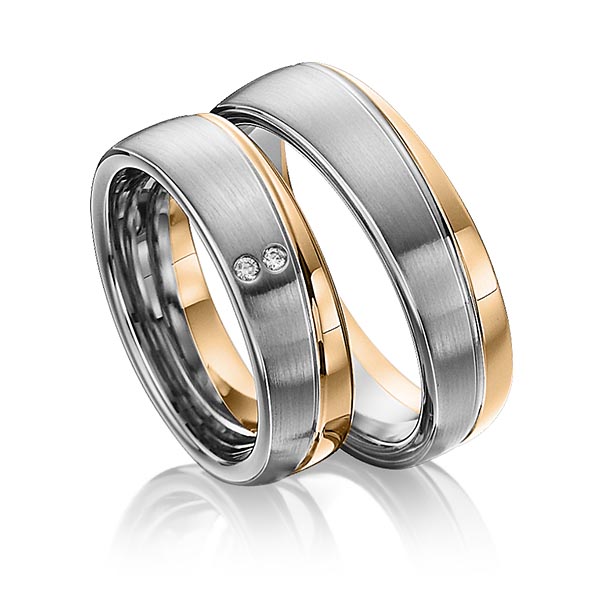 Set Bicolor trouwringen in edelstaal roségoud 14 kt. met in totaal 0,02 ct. Briljant tw/si van Eternal Touch