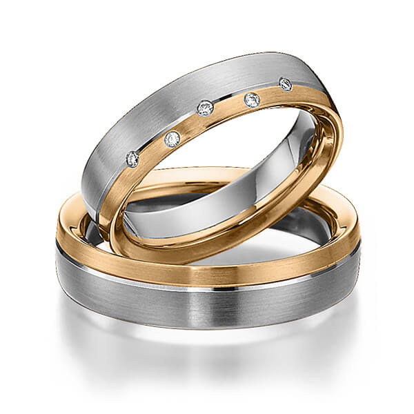 Set Bicolor trouwringen in edelstaal roségoud 14 kt. met in totaal 0,04 ct. Briljant tw/si van Eternal Touch