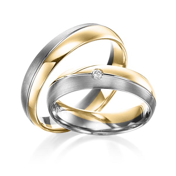 Set Bicolor trouwringen in geelgoud 14 kt. dark grey gold 14 kt. met in totaal 0,02 ct. Briljant tw/si van Steinberg - Q-1388-11