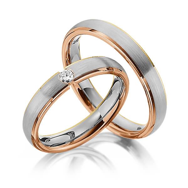 Set Bicolor trouwringen in geelgoud 14 kt. dark grey gold 14 kt. roodgoud 14 kt. met in totaal 0,1 ct. Briljant tw/si van Steinberg