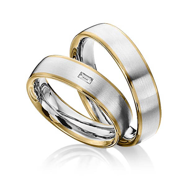 Set Bicolor trouwringen in geelgoud 14 kt. edelstaal met in totaal 0,06 ct. Baguette-Diamant tw,vs van Eternal Touch