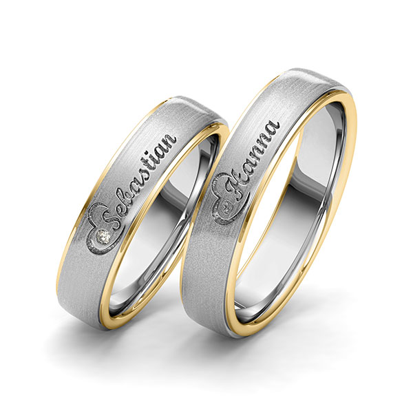 Set Bicolor trouwringen in geelgoud 14 kt. grijsgoud 14 kt. Hart met in totaal 0,01 ct. Briljant tw/si van Eternal Touch