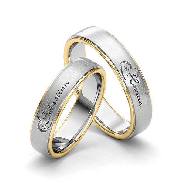 Set Bicolor trouwringen in geelgoud 14 kt. grijsgoud 14 kt. Hart met in totaal 0,01 ct. Briljant tw/si van Eternal Touch
