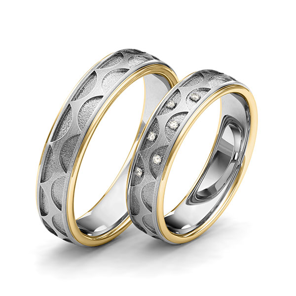 Set Bicolor trouwringen in geelgoud 14 kt. grijsgoud 14 kt. Laser Structuur met in totaal 0,03 ct. Briljant tw/si van Eternal Touch - Y-1399-10