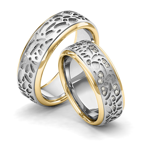 Set Bicolor trouwringen in geelgoud 14 kt. grijsgoud 14 kt. Laser Structuur met in totaal 0,1 ct. Briljant tw/si van Eternal Touch - Y-1389-1