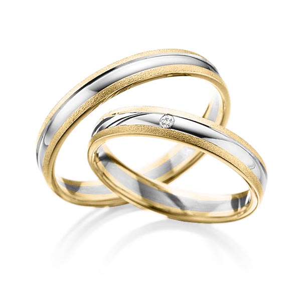 Set Bicolor trouwringen in geelgoud 14 kt. grijsgoud 14 kt. met in totaal 0,015 ct. Briljant tw/si van Steinberg - Q-1400-4