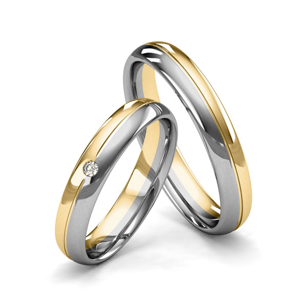 Set Bicolor trouwringen in geelgoud 14 kt. grijsgoud 14 kt. met in totaal 0,02 ct. Briljant tw/si van Merii