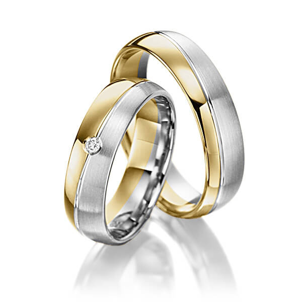 Set Bicolor trouwringen in geelgoud 14 kt. grijsgoud 14 kt. met in totaal 0,02 ct. Briljant tw/si van Steinberg