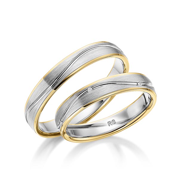 Set Bicolor trouwringen in geelgoud 14 kt. grijsgoud 14 kt. met in totaal 0,03 ct. Briljant tw/si van acredo