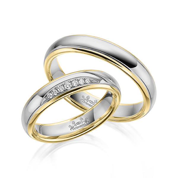 Set Bicolor trouwringen in geelgoud 14 kt. grijsgoud 14 kt. met in totaal 0,059 ct. Briljant tw/si van Steinberg