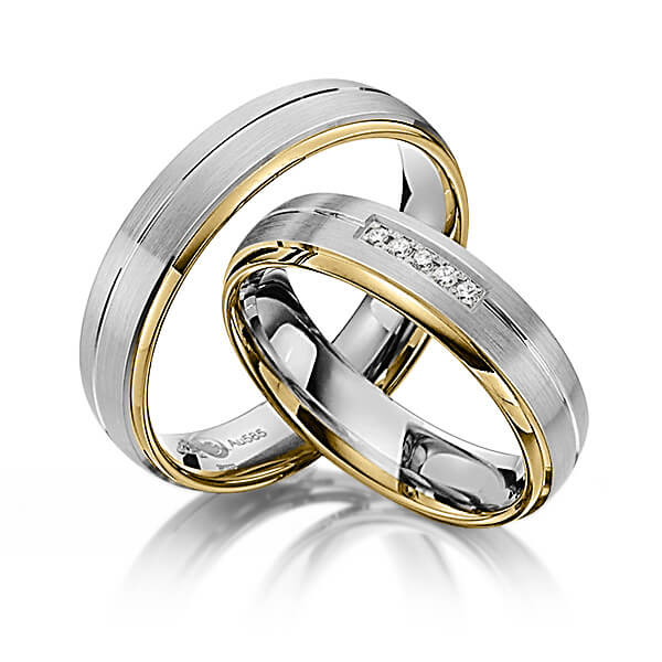 Set Bicolor trouwringen in geelgoud 14 kt. grijsgoud 14 kt. met in totaal 0,05 ct. Briljant tw/si van Steinberg