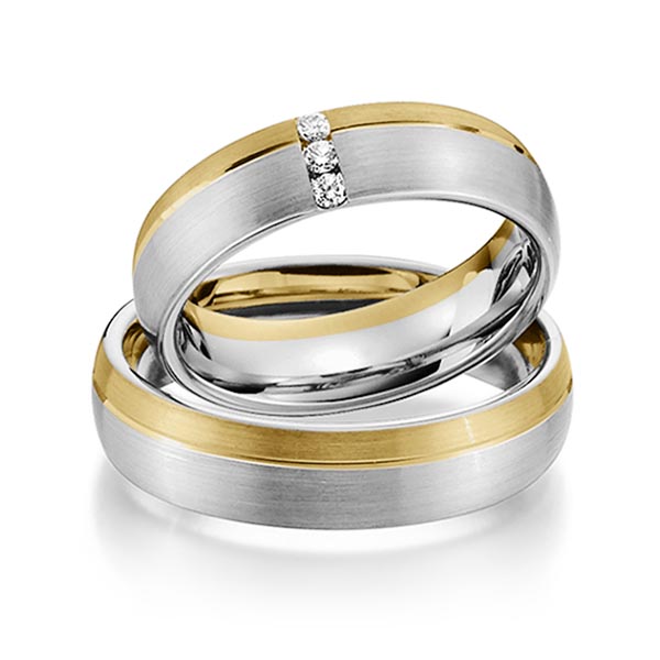 Set Bicolor trouwringen in geelgoud 14 kt. grijsgoud 14 kt. met in totaal 0,075 ct. Briljant tw/si van Steinberg