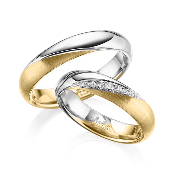 Set Bicolor trouwringen in geelgoud 14 kt. grijsgoud 14 kt. met in totaal 0,114 ct. Briljant tw/si van Steinberg