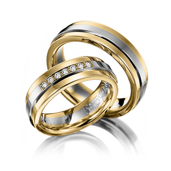 Set Bicolor trouwringen in geelgoud 14 kt. grijsgoud 14 kt. met in totaal 0,14 ct. Briljant tw/si van Eternal Touch - Y-1142-1 Set Bicolor trouwringen in geelgoud 14 kt. grijsgoud 14 kt. met in totaal 0,14 ct. Briljant tw/si van Eternal Touch - Y-1142-1