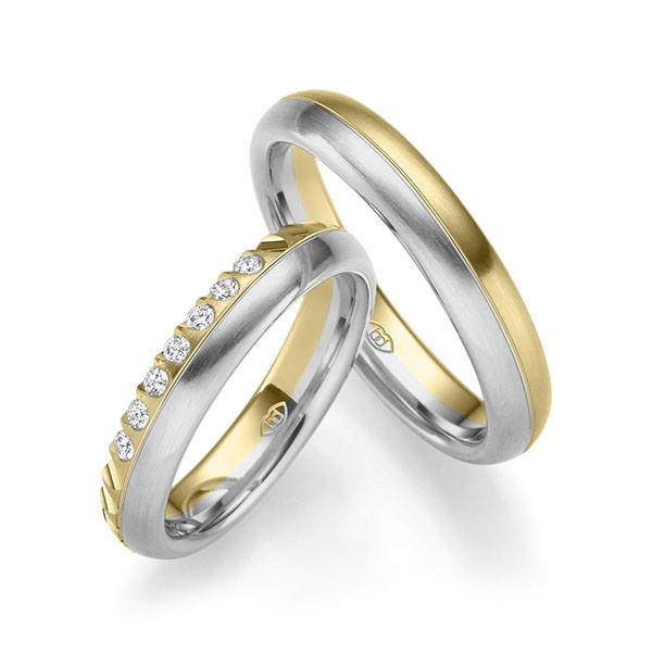 Set Bicolor trouwringen in geelgoud 14 kt. grijsgoud 14 kt. met in totaal 0,14 ct. Briljant tw/si van Merii