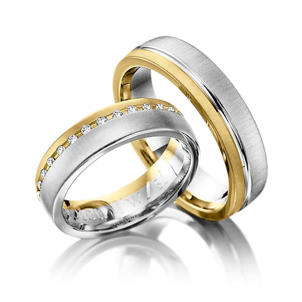 Set Bicolor trouwringen in geelgoud 14 kt. grijsgoud 14 kt. met in totaal 0,15 ct. Briljant tw/si van Eternal Touch