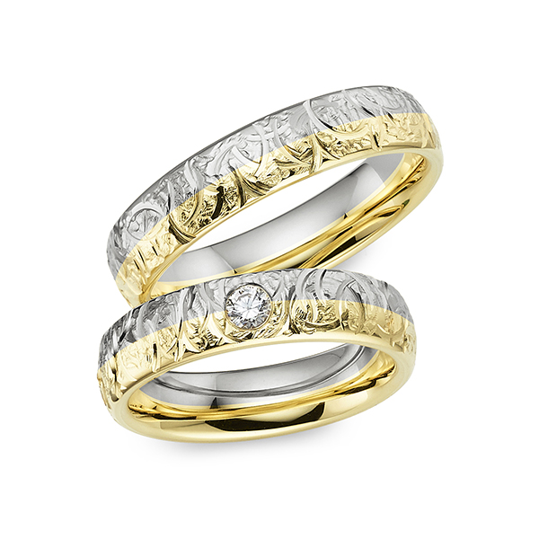 Set Bicolor trouwringen in geelgoud 14 kt. grijsgoud 14 kt. met in totaal 0,1 ct. Briljant tw/si van Merii
