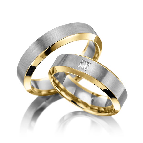 Set Bicolor trouwringen in geelgoud 14 kt. grijsgoud 14 kt. met in totaal 0,1 ct. Princess-Diamant tw,vs van Eternal Touch