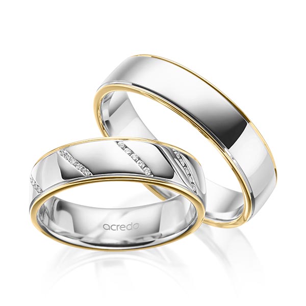 Set Bicolor trouwringen in geelgoud 14 kt. grijsgoud 14 kt. met in totaal 0,225 ct. Briljant tw/si van acredo
