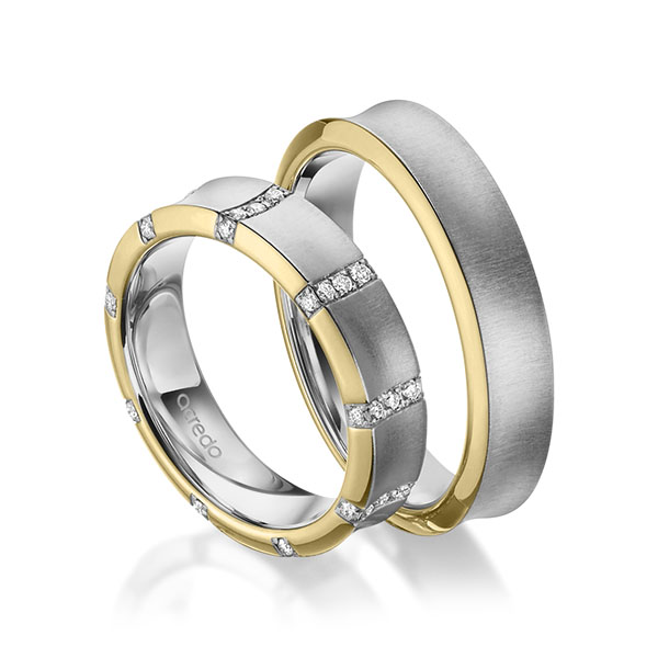 Set Bicolor trouwringen in geelgoud 14 kt. grijsgoud 14 kt. met in totaal 0,36 ct. Briljant tw/si van acredo - A-1970-10 Set Bicolor trouwringen in geelgoud 14 kt. grijsgoud 14 kt. met in totaal 0,36 ct. Briljant tw/si van acredo - A-1970-10