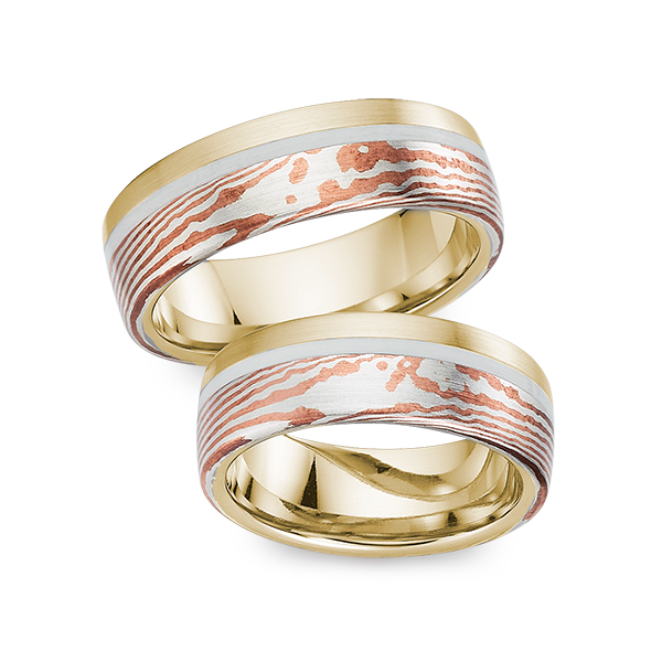 Set Bicolor trouwringen in geelgoud 14 kt. grijsgoud 14 kt. Mokume Gane silver 925 copper - UQ-1141-3