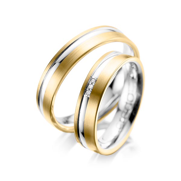 Set Bicolor trouwringen in geelgoud 14 kt. platina 950 met in totaal 0,015 ct. Briljant tw/si van acredo - A-1039-1