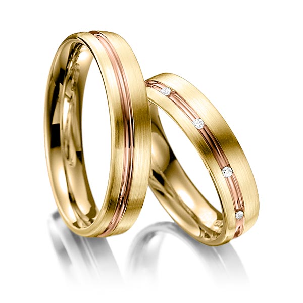 Set Bicolor trouwringen in geelgoud 14 kt. roodgoud 14 kt. met in totaal 0,05 ct. Briljant tw/si van Steinberg - Q-1198-12 Set Bicolor trouwringen in geelgoud 14 kt. roodgoud 14 kt. met in totaal 0,05 ct. Briljant tw/si van Steinberg - Q-1198-12