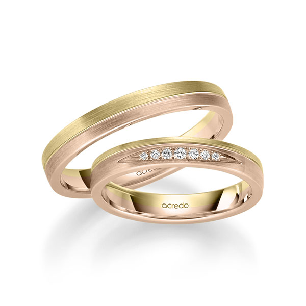 Set Bicolor trouwringen in geelgoud 14 kt. roodgoud 14 kt. met in totaal 0,061 ct. Briljant tw/si van acredo