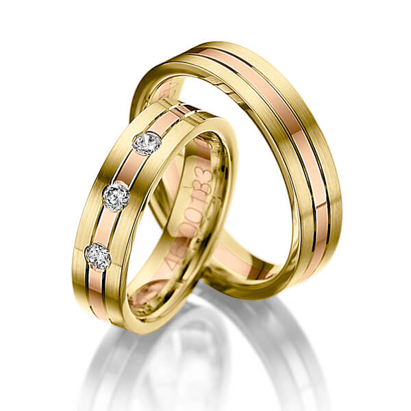Set Bicolor trouwringen in geelgoud 14 kt. roodgoud 14 kt. met in totaal 0,09 ct. Briljant tw/si van Steinberg - Q-1028-3