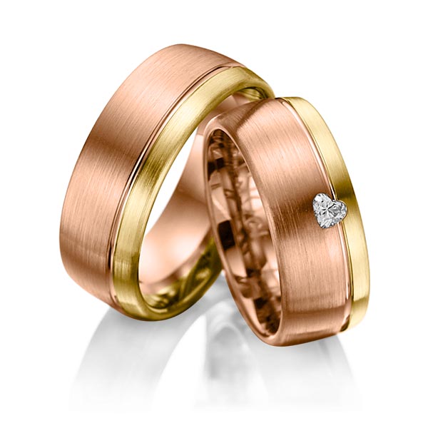 Set Bicolor trouwringen in geelgoud 14 kt. roodgoud 14 kt. met in totaal 0,1 ct. Hart-Diamant tw,vs van Eternal Touch
