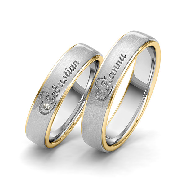 Set Bicolor trouwringen in geelgoud 14 kt. witgoud 14 kt. Hart met in totaal 0,01 ct. Briljant tw/si van Eternal Touch