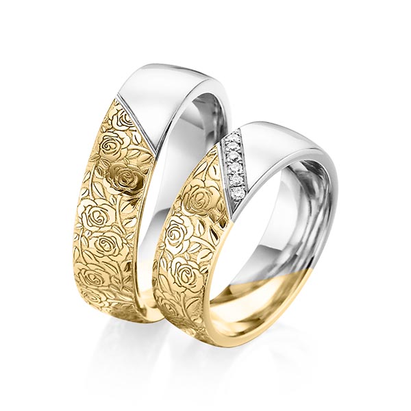 Set Bicolor trouwringen in geelgoud 14 kt. witgoud 14 kt. Laser Structuur met in totaal 0,06 ct. Briljant tw/si van Eternal Touch